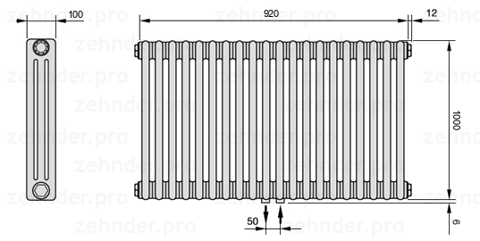 Схема (чертеж) Радиатор Zehnder Charleston 3100/20 №5410 Белый глянцевый RAL 9016